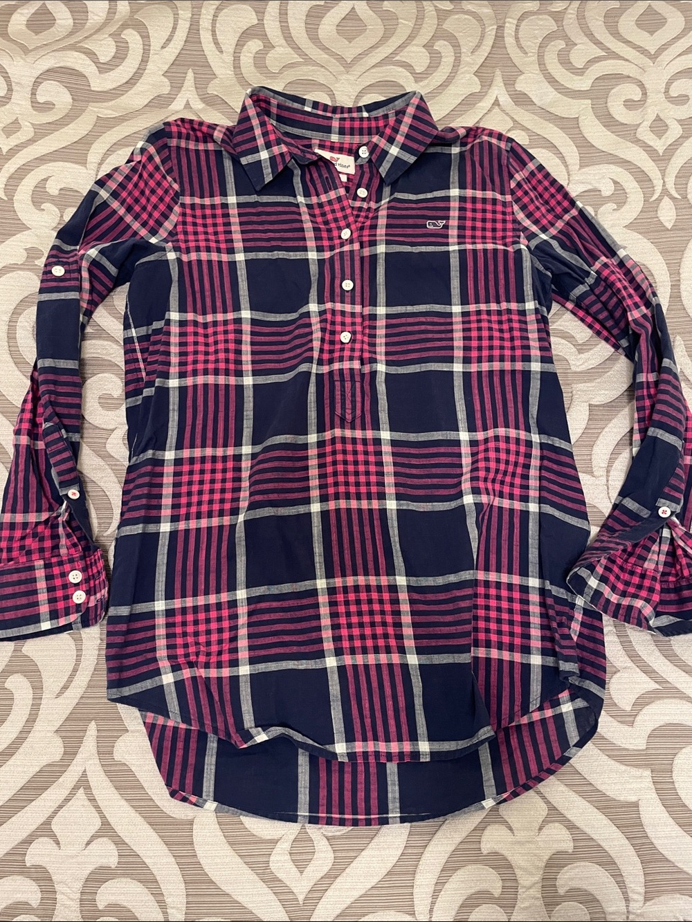 Vineyard Vines Navy Pink Plaid Tunic Top Size 4